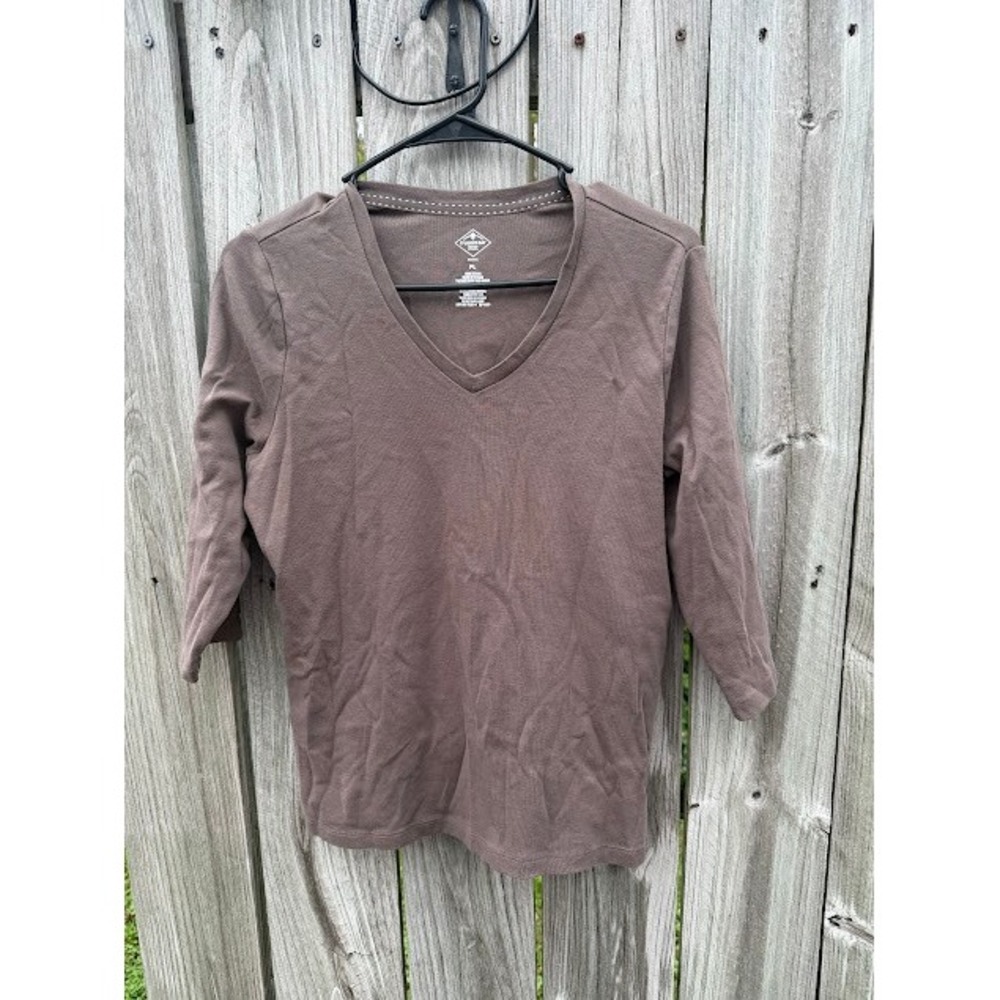 Earthcore Minimalist St. John's Bay Top PL Brown V-Neck 3/4 Sleeve Cotton Basic